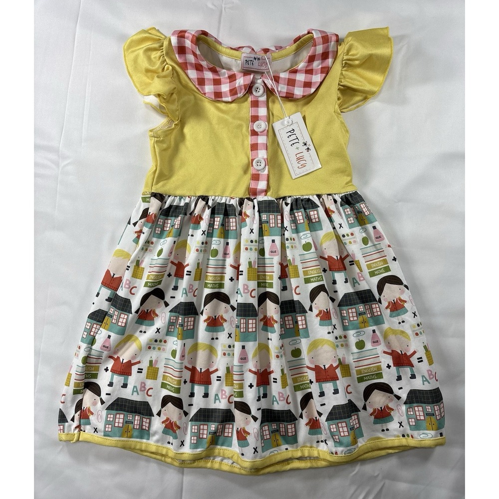 Pete + Lucy Girls' Yellow School Print Fit & Flare Flutter Sleeve Dress 2T